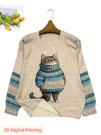 Plus Size - Plus Size - Plus Size Women'S for All Over Printed Long Sleeve Universal Crew Neck Lightweight Sweater, Trendy Wear, Cat Pattern, Perfect for Casual Elegance Style Outfits - Suitable for All Seasons - Multicolor