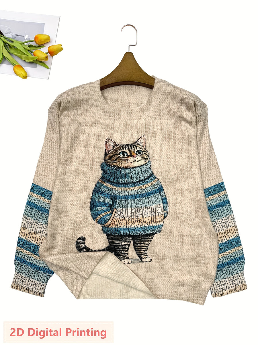 Plus Size - Plus Size - Plus Size Women'S for All Over Printed Long Sleeve Universal Crew Neck Lightweight Sweater, Trendy Wear, Cat Pattern, Perfect for Casual Elegance Style Outfits - Suitable for All Seasons - Multicolor