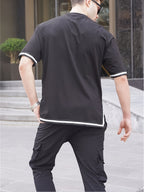 Men'S Summer Short-Sleeve Color-Blocked Round-Neck T-Shirt with Side Slits And Stretchy Knit Fabric - Black