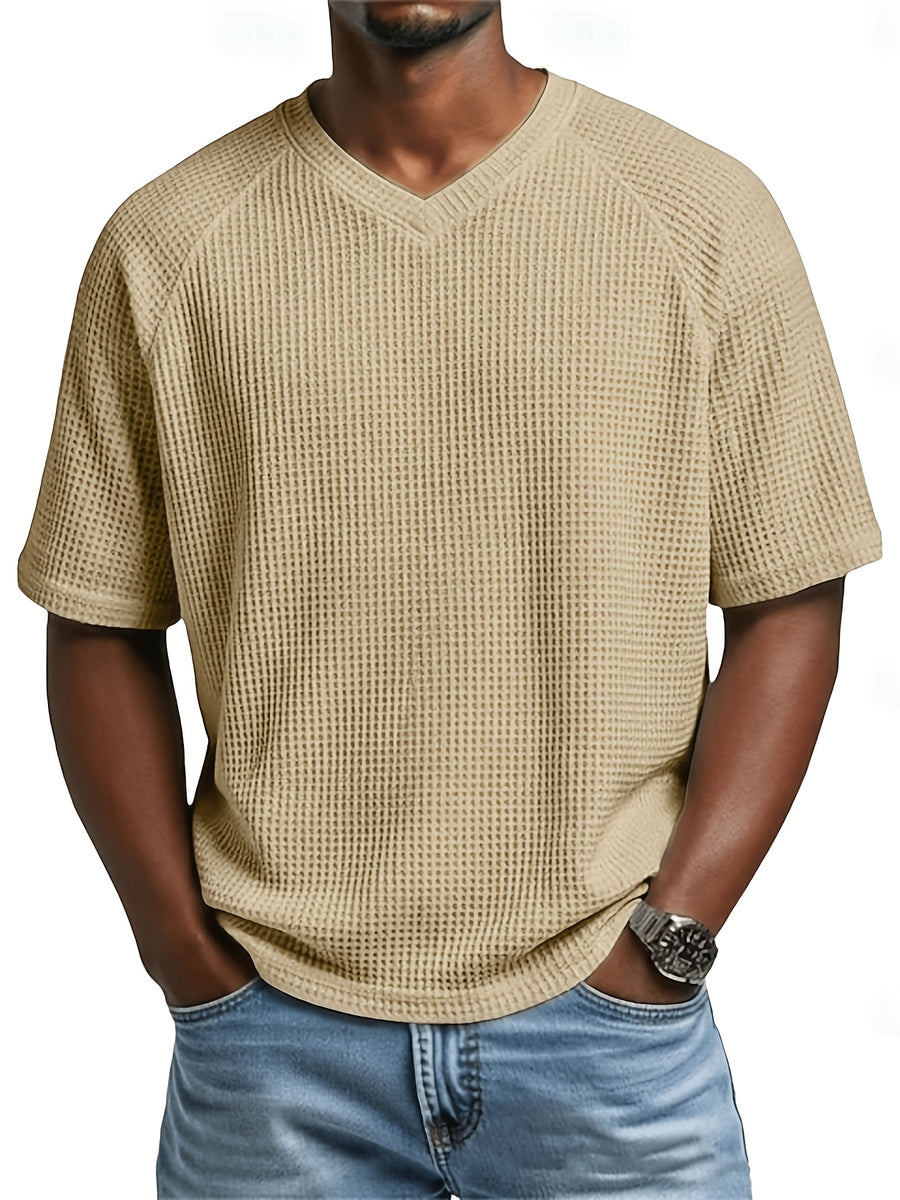 Men's Fashion Waffle Knit Raglan Sleeve V-Neck Short Sleeve Shirt, Men's V-Neck Short Sleeve T-Shirt, Chest Badge with Contrast Color Label, Stylish and Aesthetic - Khaki
