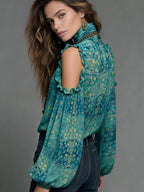 Bohemian Vintage Print Chiffon Top for Women, High Neck Keyhole Off-Shoulder Ruffle Lantern Sleeve Loose Fit Elegant Shirt - Peacock Blue