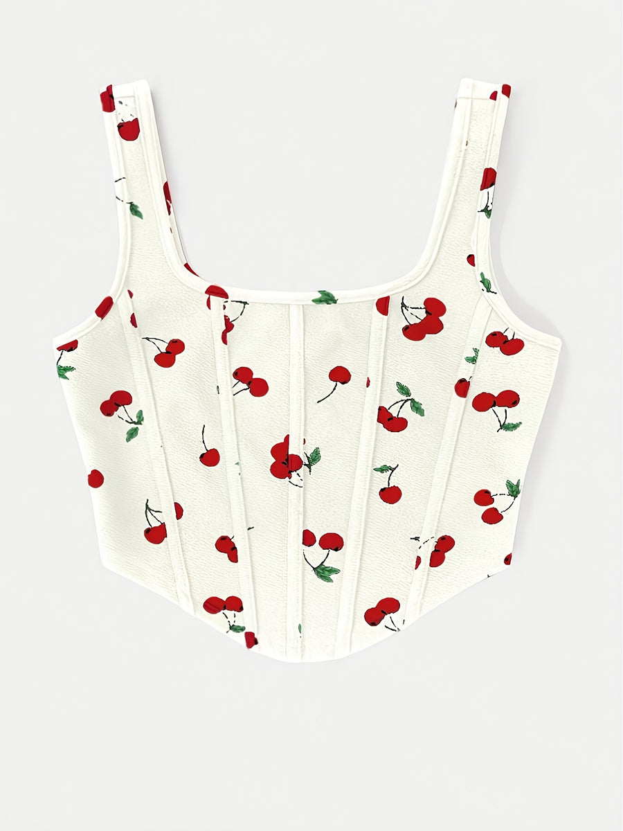 Fashion Cherry Print Cami Bodycon Short Vest Statement Backless Women'S Outerwear - Milky