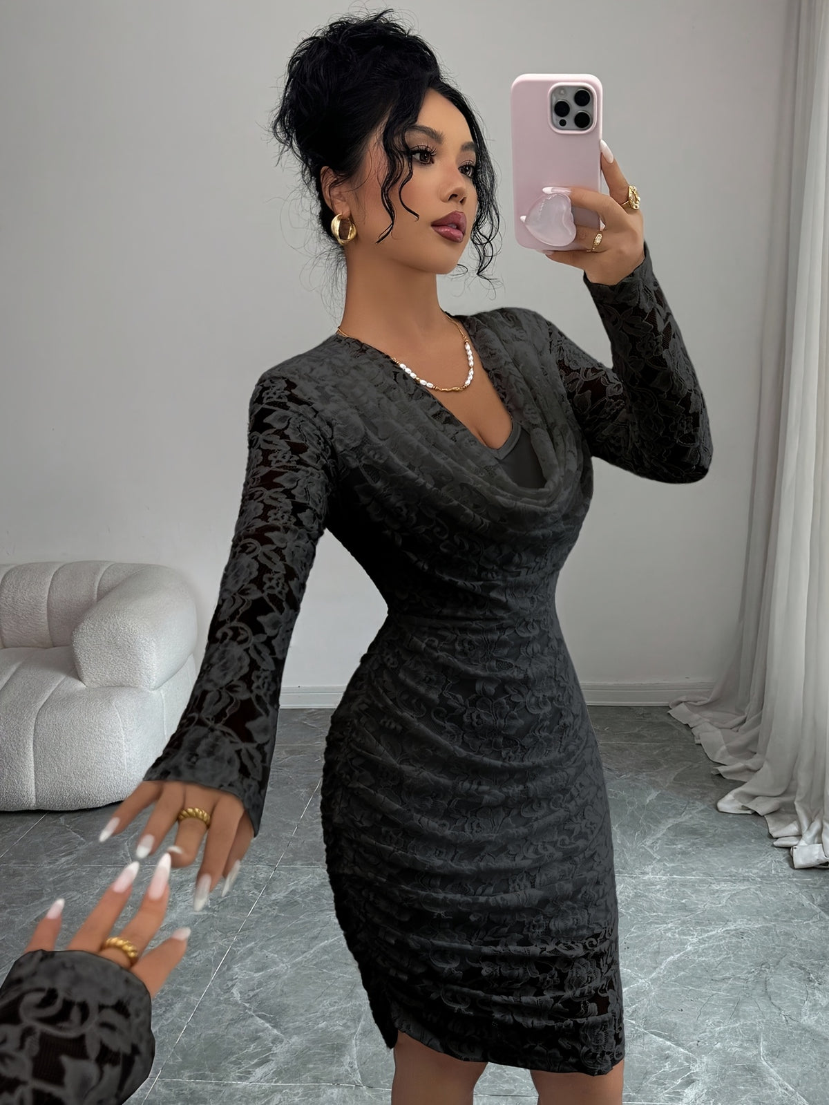 Women's Elegant Slim-Fit Mini Dress with Ruffled Collar, Ruffle Hem, and Corded Lace, Evening Gown, Bridesmaid Dress - Black