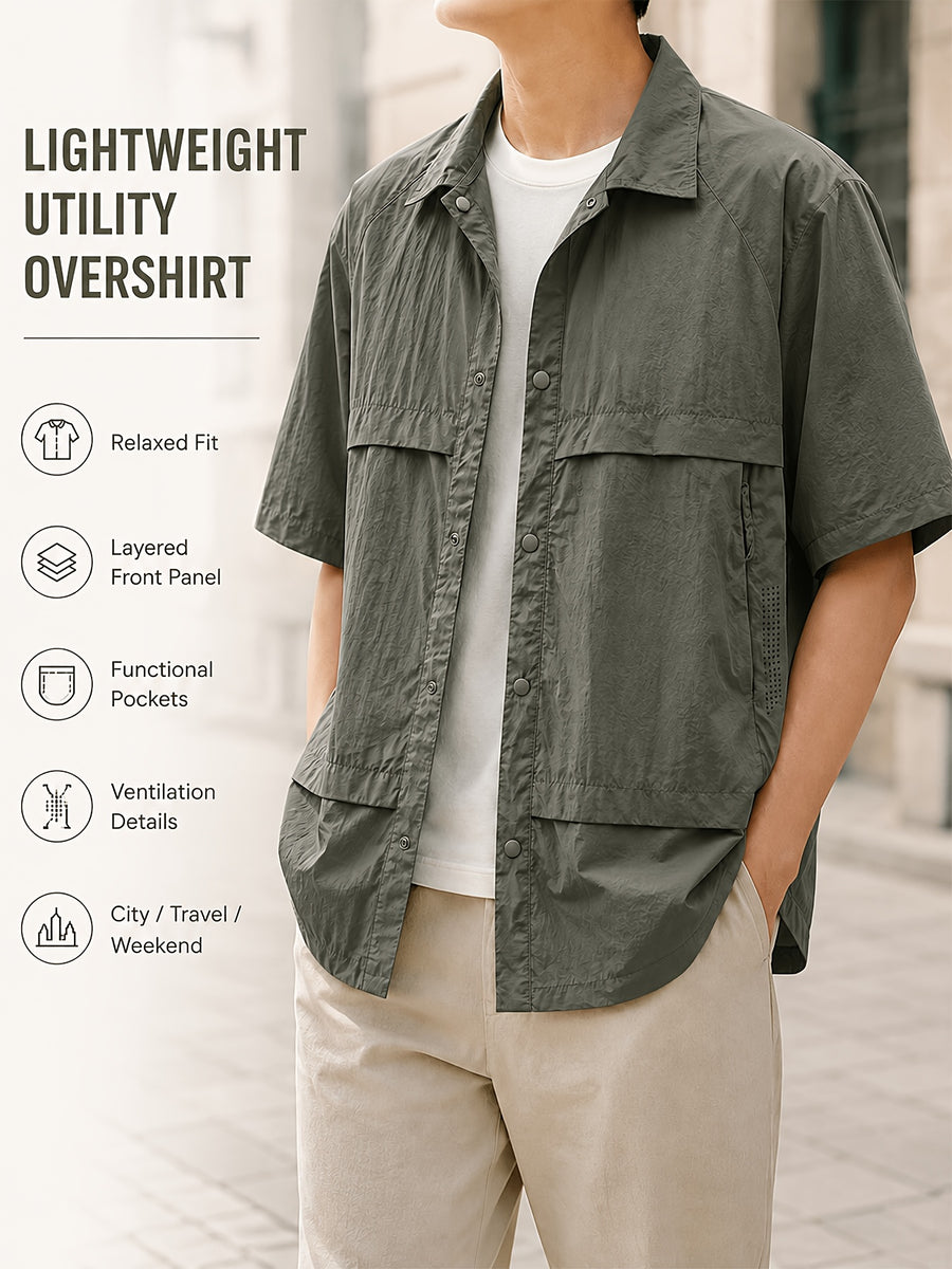 Men's Lightweight Functional Style Short-Sleeve Shirt Jacket with Snap Button Closure and Lapel Collar, Breathable Fabric, Loose and Comfortable, Not Stuffy, Suitable for Urban Commuting, Travel, Outings, Weekend Leisure, and Multiple Scenarios - Camping Green