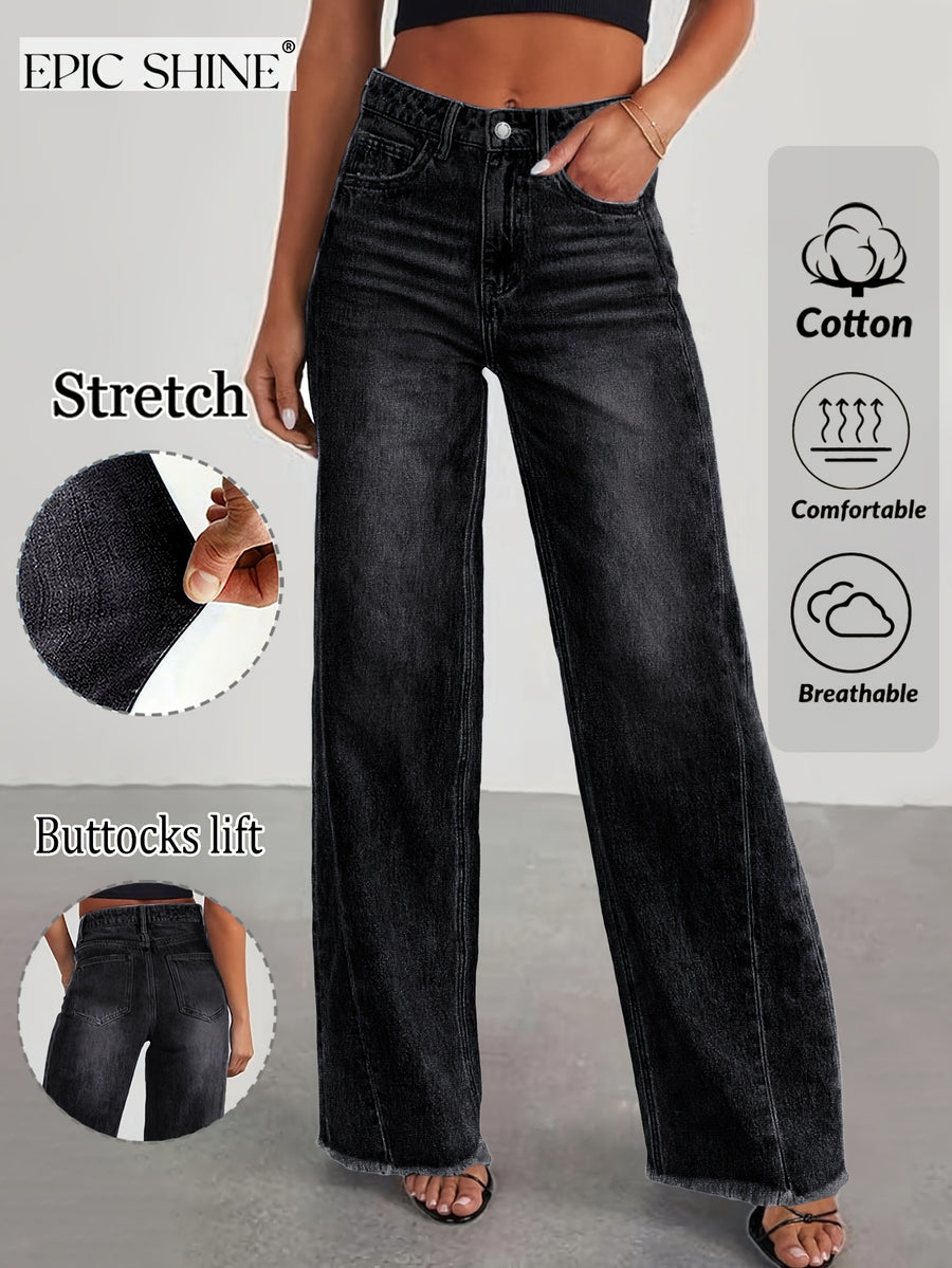 Women's Trendy High-waisted Loose Wide-leg Jeans, Stretchy Wide-leg Pants, Raw Hem Design, with Pockets, High-waisted Straight-leg Jeans, Versatile for Commuting, Women's Denim and Clothing - Graphite Black