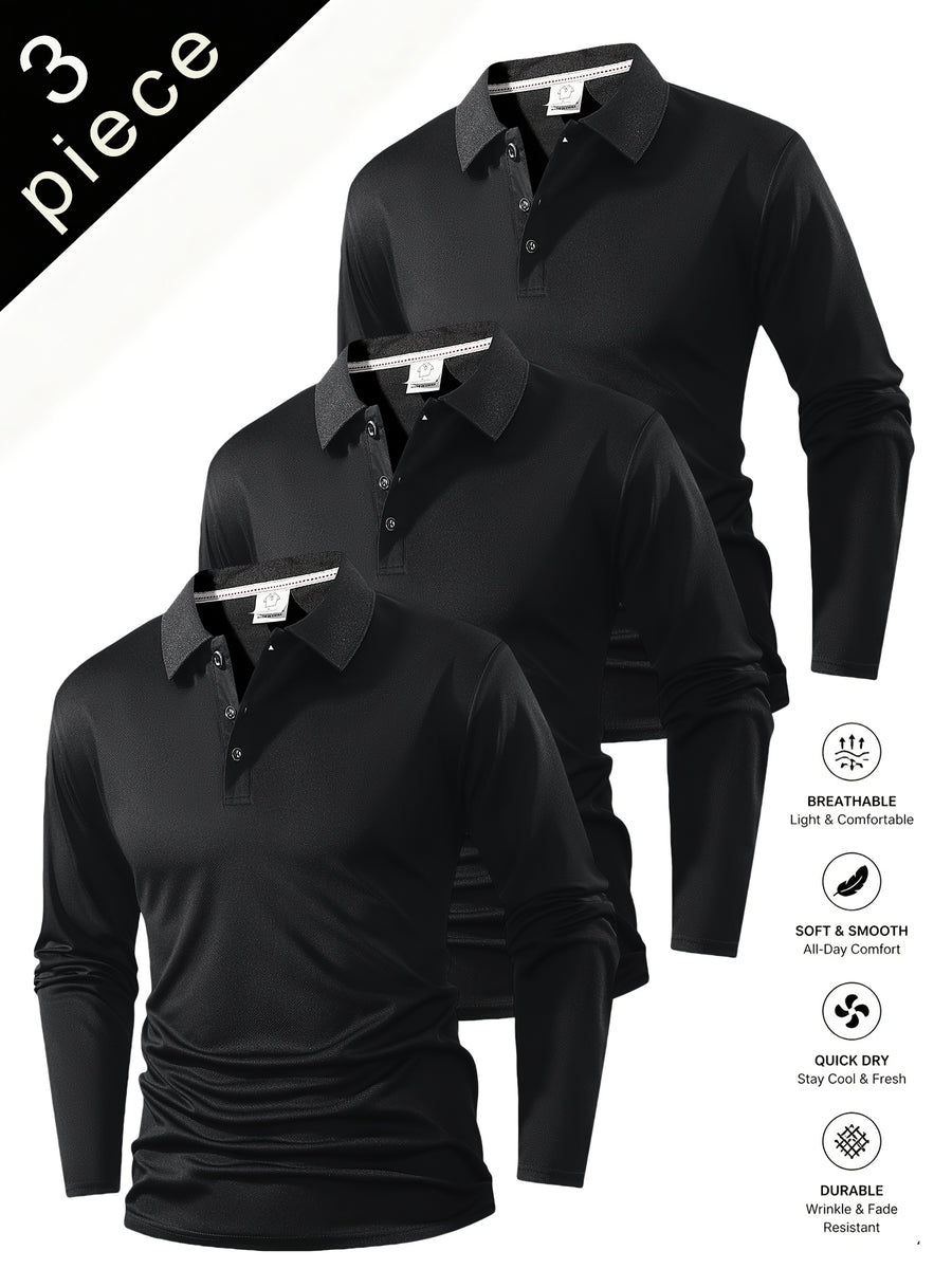 Spring And Autumn Explosive Value Three-Piece POLO Collar Long-Sleeved Top for Men, Stylish, Easy And Versatile, Solid Color Design, Multi-Color Optional Sports And Casual, Soft And Comfortable, Jumper, 220G/Square Meter Fabric Weight - 3 Pieces Black