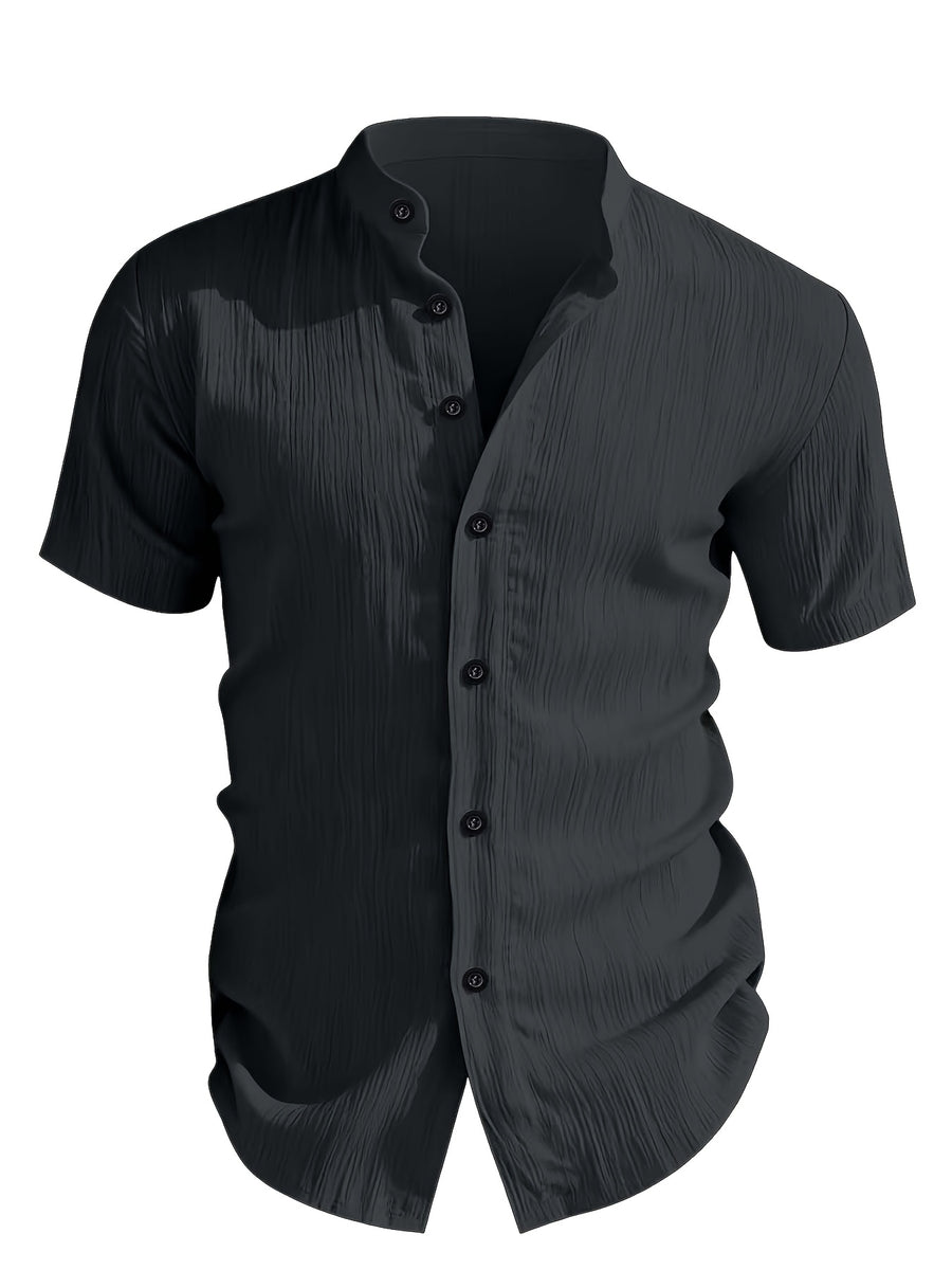 Henley Shirt 2026 Spring/Summer Men's New Apparel Men's T-Shirt Henley Shirt Stand Collar Shirt -  Product, Casual Fashion Unique Design, Plaid Button- Textured Shirt, Suitable for Pool, Outdoor Vacation, Travel, Seaside Beachwear, 1pc Outfit - Grey