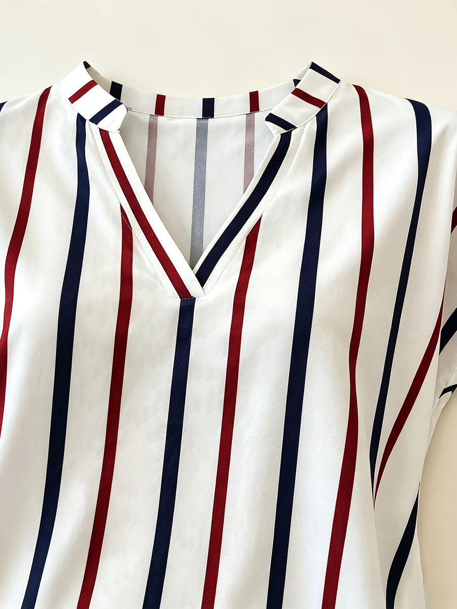 Striped Batwing Short-Sleeve Shirt, Women's Summer Casual Versatile V-Neck Batwing Sleeve Top, Women's Clothing - White