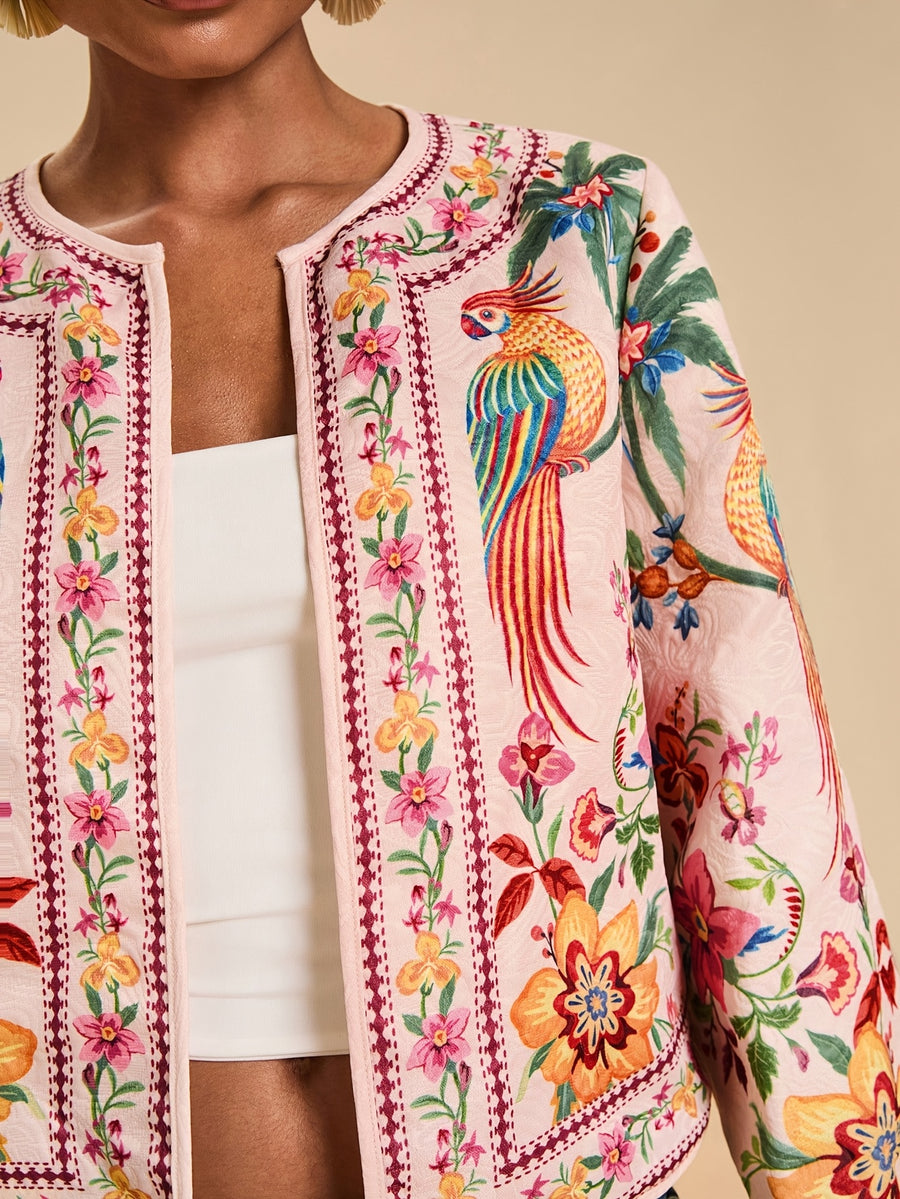 Floral Print Casual Jacket for Women, Open Front Light Beige Boho Autumn Vacation Holiday Wear, New Year Look Western Style Tropical Summer - 【Light Yellow】