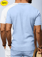 2pcs Summer Cooling Linen Polo Shirt Set, Men'S Breathable Solid Casual Shirts - Sky Blue+White