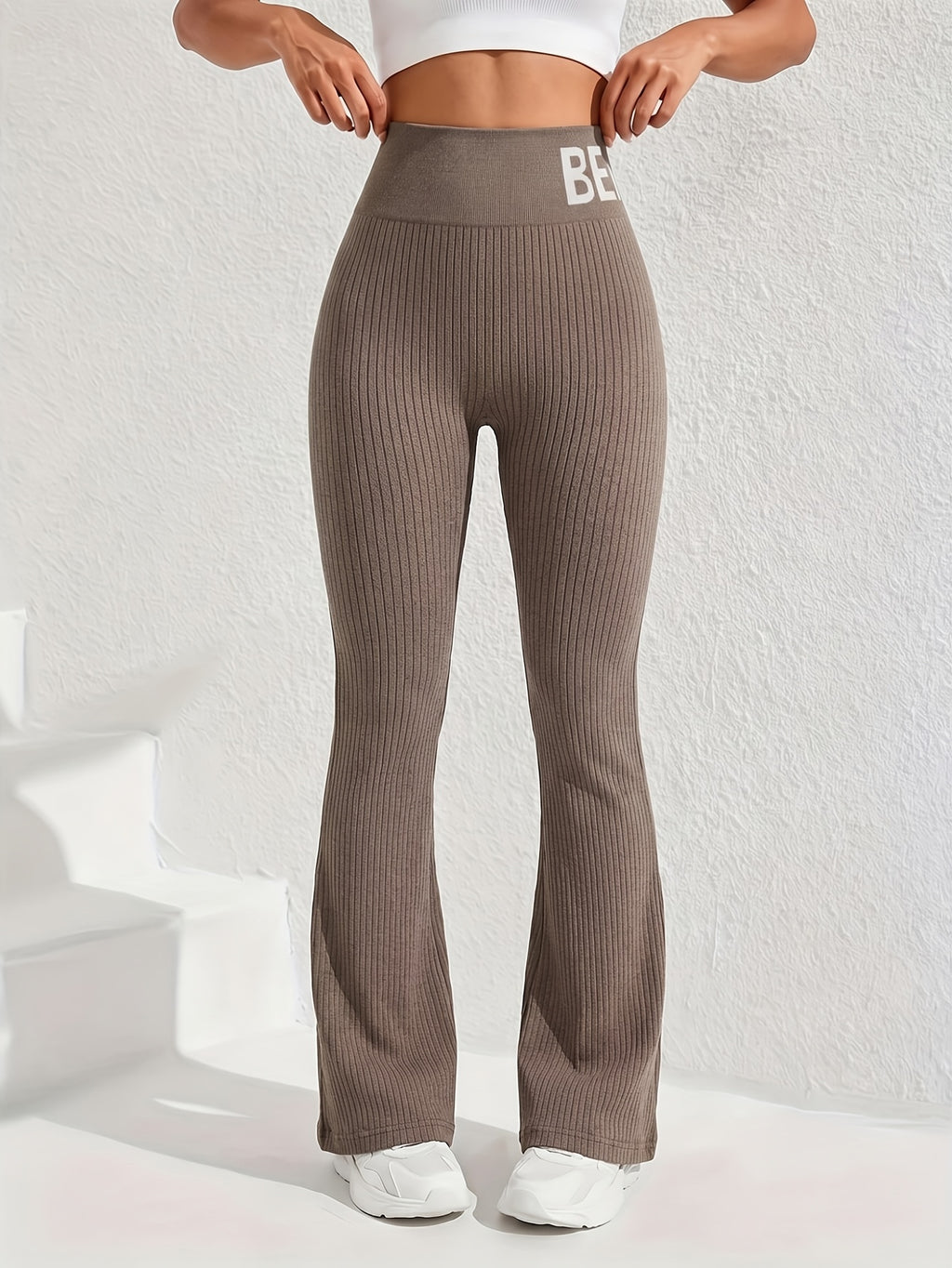 DW260607028 Women's Fashion Letter-Print Ribbed Flared Pants, Everyday Casual Y Fitness Flared Trousers - Khaki