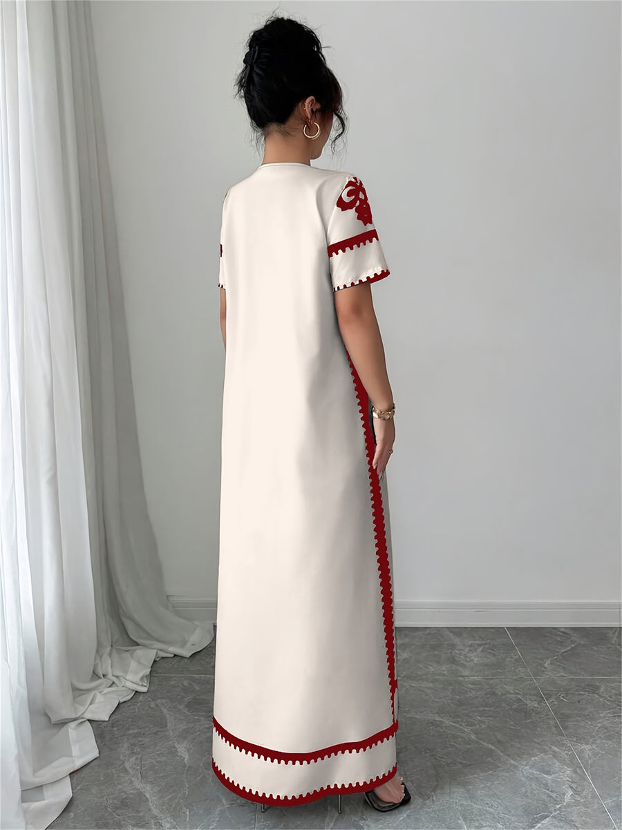 Middle Eastern Ramadan Themed Elegant Spring And Summer Party Dress with a V-Neck Short Sleeves And Paisley Print - Red