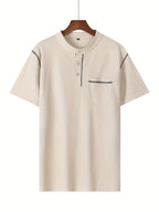 2025 Summer New Arrival Men's Color-Block Striped Short-Sleeve Henley Shirt, Cool and Breathable - Apricot
