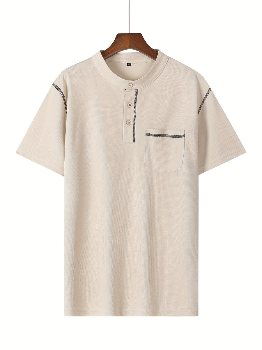 2025 Summer New Arrival Men's Color-Block Striped Short-Sleeve Henley Shirt, Cool and Breathable - Apricot