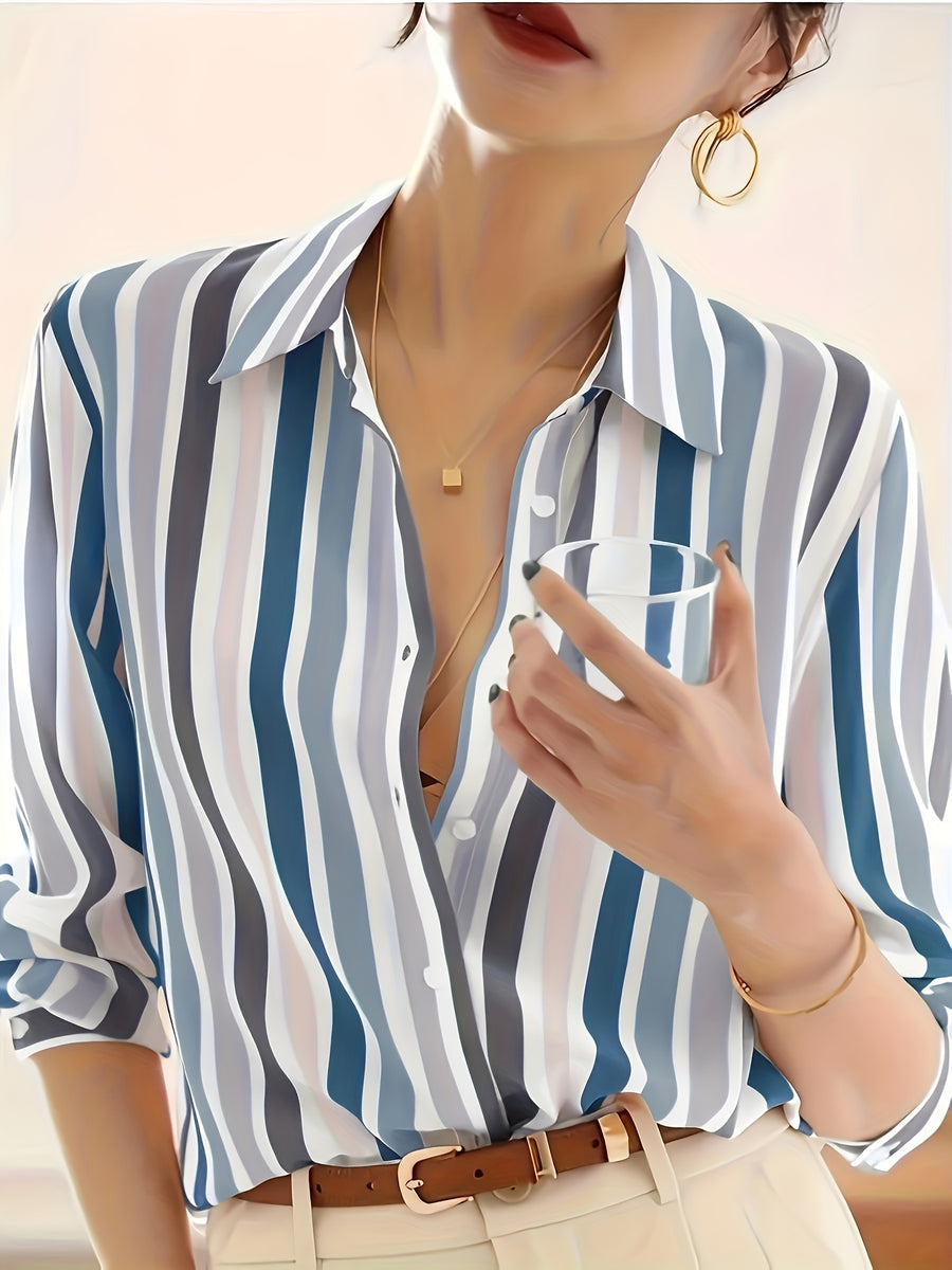 Women'S Casual Striped Shirt, Button-Up Design, Made Of, Suitable for Spring, Summer, And Autumn Casual Or Formal Wear | Classic Lapel Fashion Button-Up, Elegant Women'S Shirt, Beautiful Women'S Shirt, Autumn Women'S Top Trend, Women'S Clothing - Sky Blue