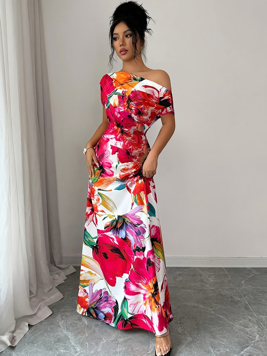 Elegant, Exquisite And Fashionable Women'S Floral Print Asymmetric One-Shoulder Oblique Neck Dress, Bridesmaid Dress - Red