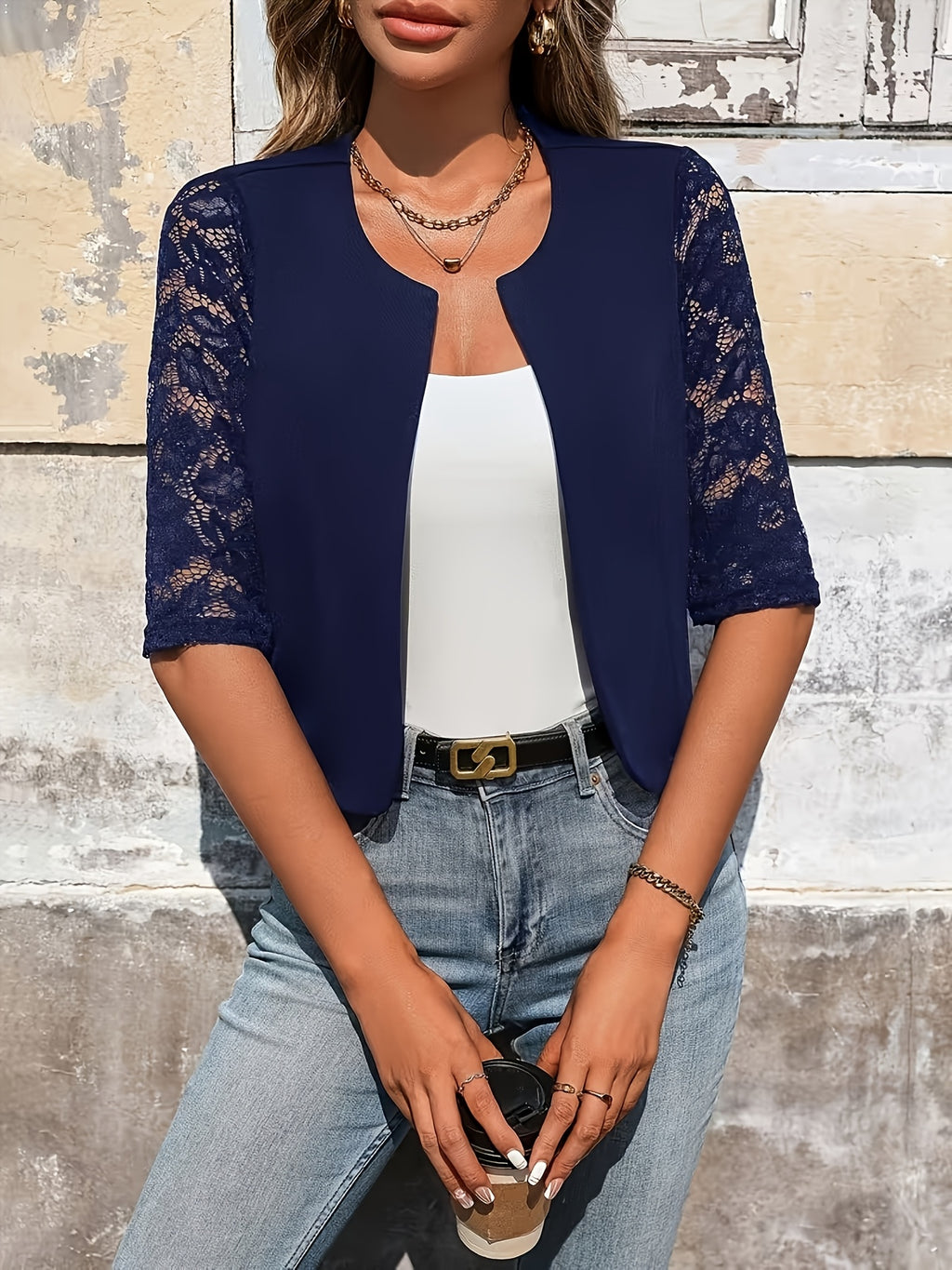 Women's Elegant and Stylish Lace Sleeve Color-Block Open-Front Blazer, Spring/Autumn/Winter Suit Top - Sea Blue