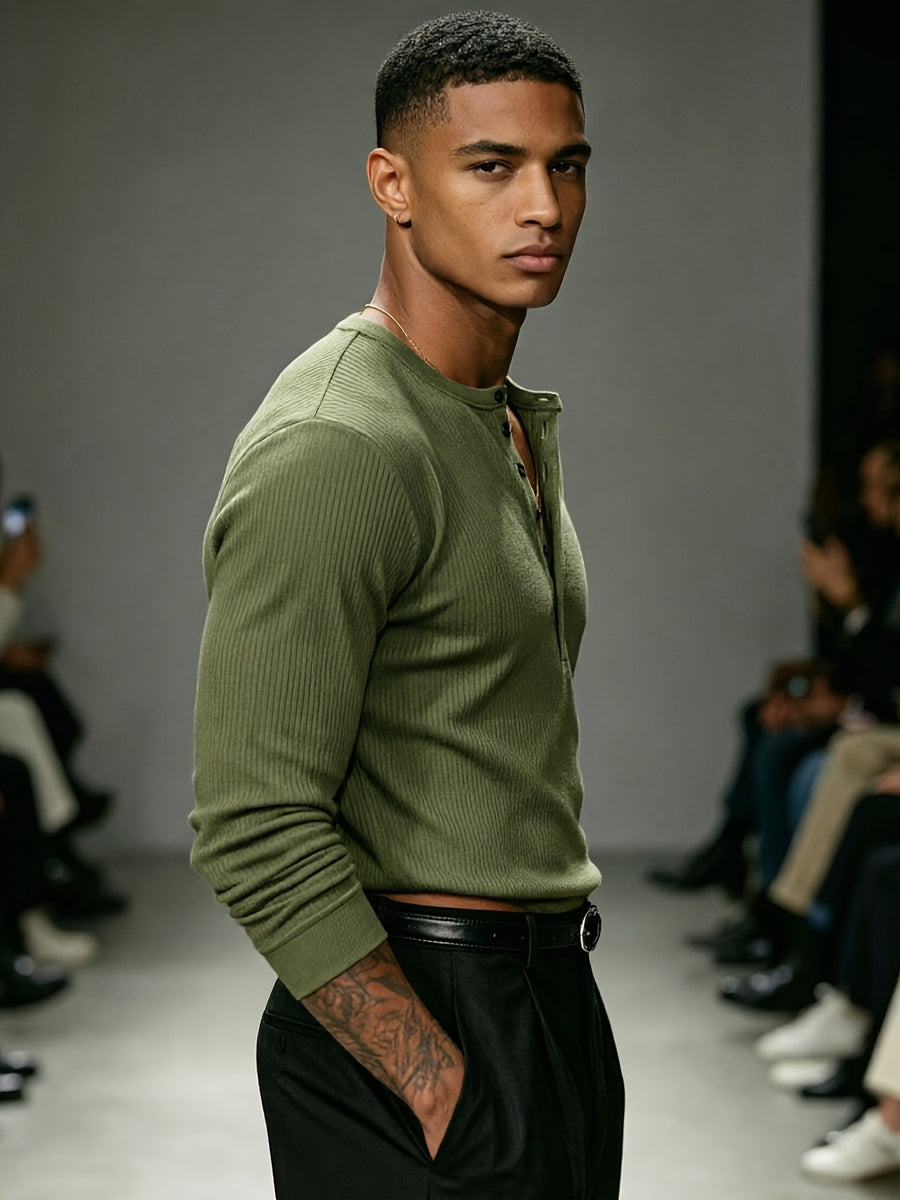 [Josh Mei OBM] Western Minimalist Men'S White Henley Shirt, Premium Gray Texture V-Neck Top, Urban Gentleman Casual Commute Wear - Olive Green