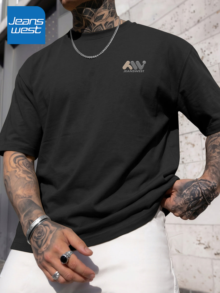 JEANSWEST Men's Summer 100% Cotton Sporty Casual Short-Sleeve T-Shirt, Loose Fit - Black