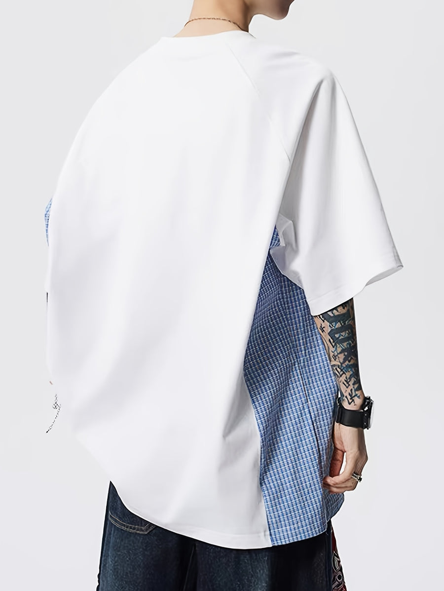 Men's Casual Sport T-Shirt, Trendy Brand Plaid Patchwork Crew Neck T-Shirt, Men's Summer American-Style Designer Casual Top, High Street Versatile Sport Short Sleeve - White