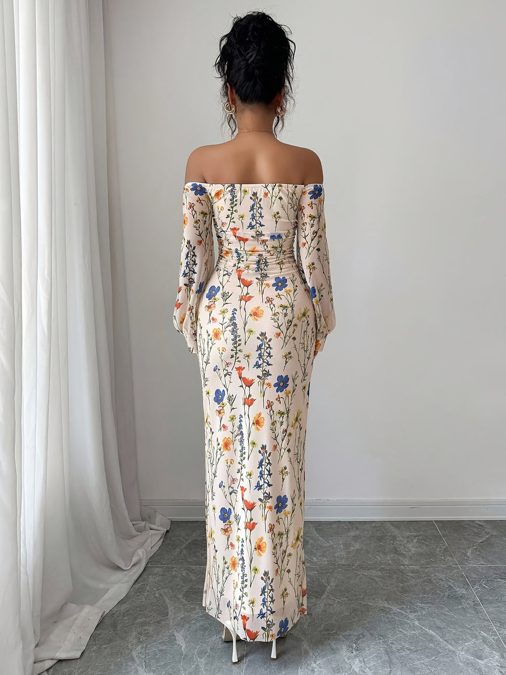 Elegant And Fashionable New Autumn And Winter Floral Flower Print Off-The-Shoulder Long-Sleeved Puff Sleeve Waist And Body-Shaping Hip-Wrapped Slit Holiday Dating Women'S Dress - Multicolor