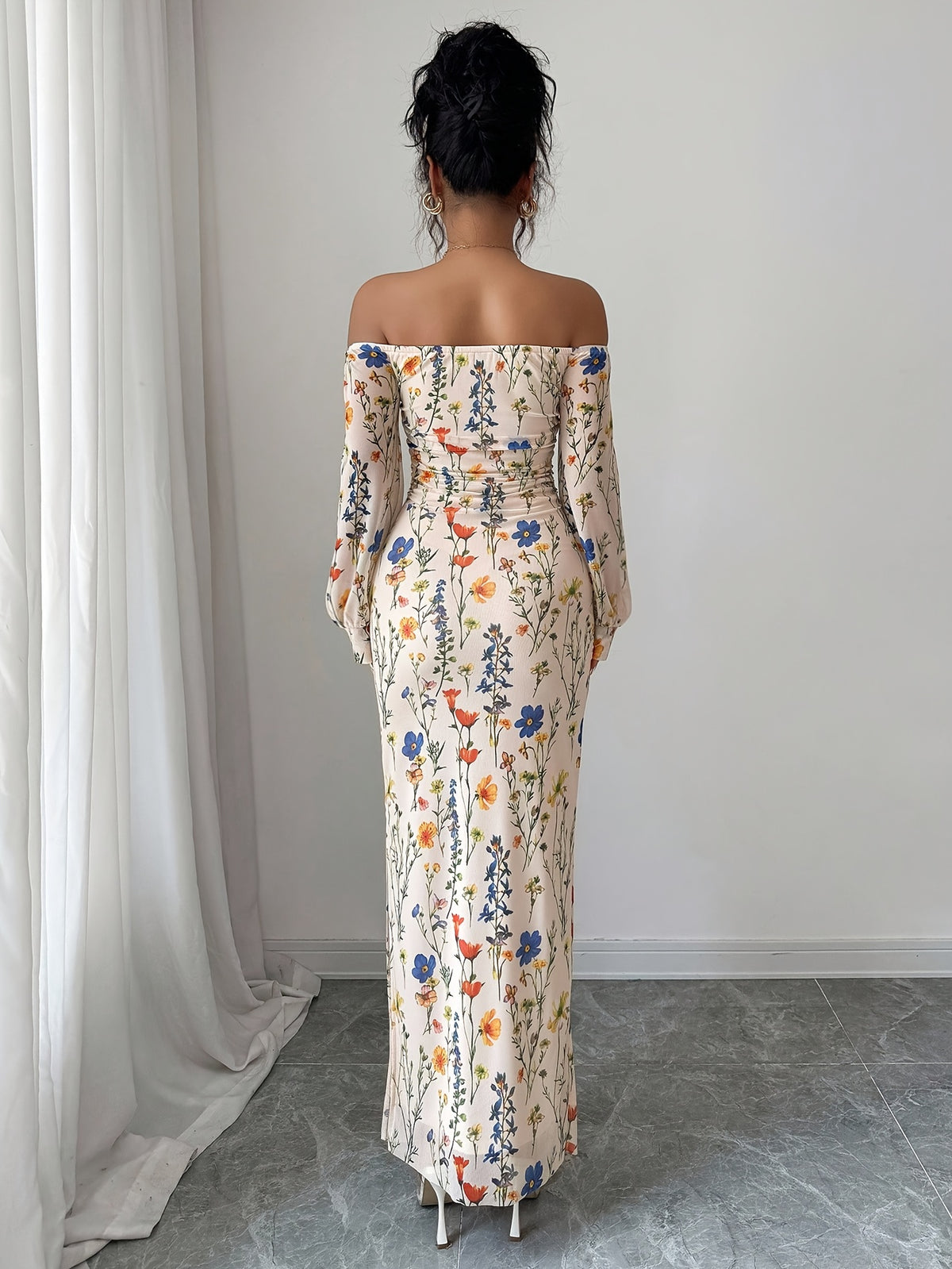 Elegant And Fashionable New Autumn And Winter Floral Flower Print Off-The-Shoulder Long-Sleeved Puff Sleeve Waist And Body-Shaping Hip-Wrapped Slit Holiday Dating Women'S Dress - Multicolor
