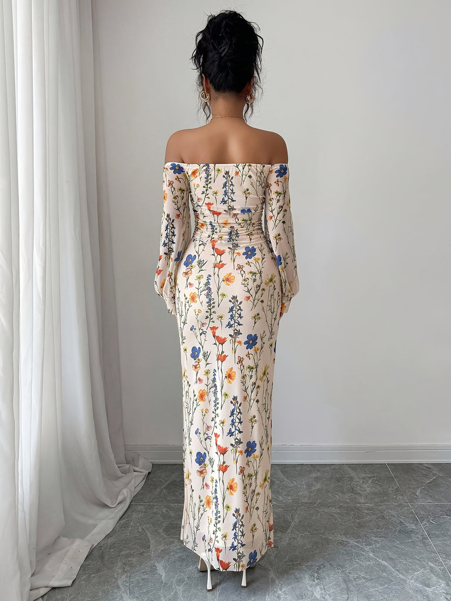 Elegant And Fashionable New Autumn And Winter Floral Flower Print Off-The-Shoulder Long-Sleeved Puff Sleeve Waist And Body-Shaping Hip-Wrapped Slit Holiday Dating Women'S Dress - Multicolor