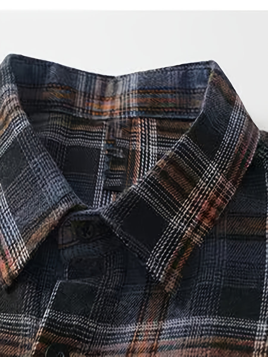 Back-to-school Season Men's Street Style Blue and White Checkered Autumn and Winter Long-sleeved Shirts, Loose-fitting Lapel Pocket Button Shirts, Casual and Versatile Checkered Shirt Jackets - Black