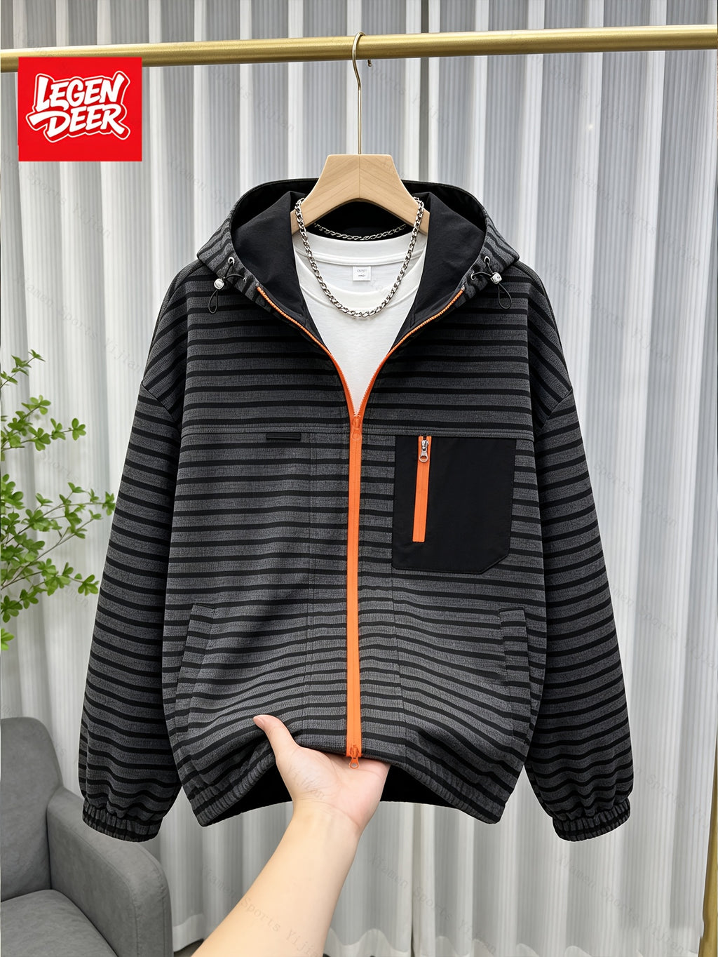 New 2026 Retro Premium Men'S Striped Jacket Texture Preppy Casual Hooded Coat Top - Black
