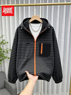 New 2026 Retro Premium Men'S Striped Jacket Texture Preppy Casual Hooded Coat Top - Black