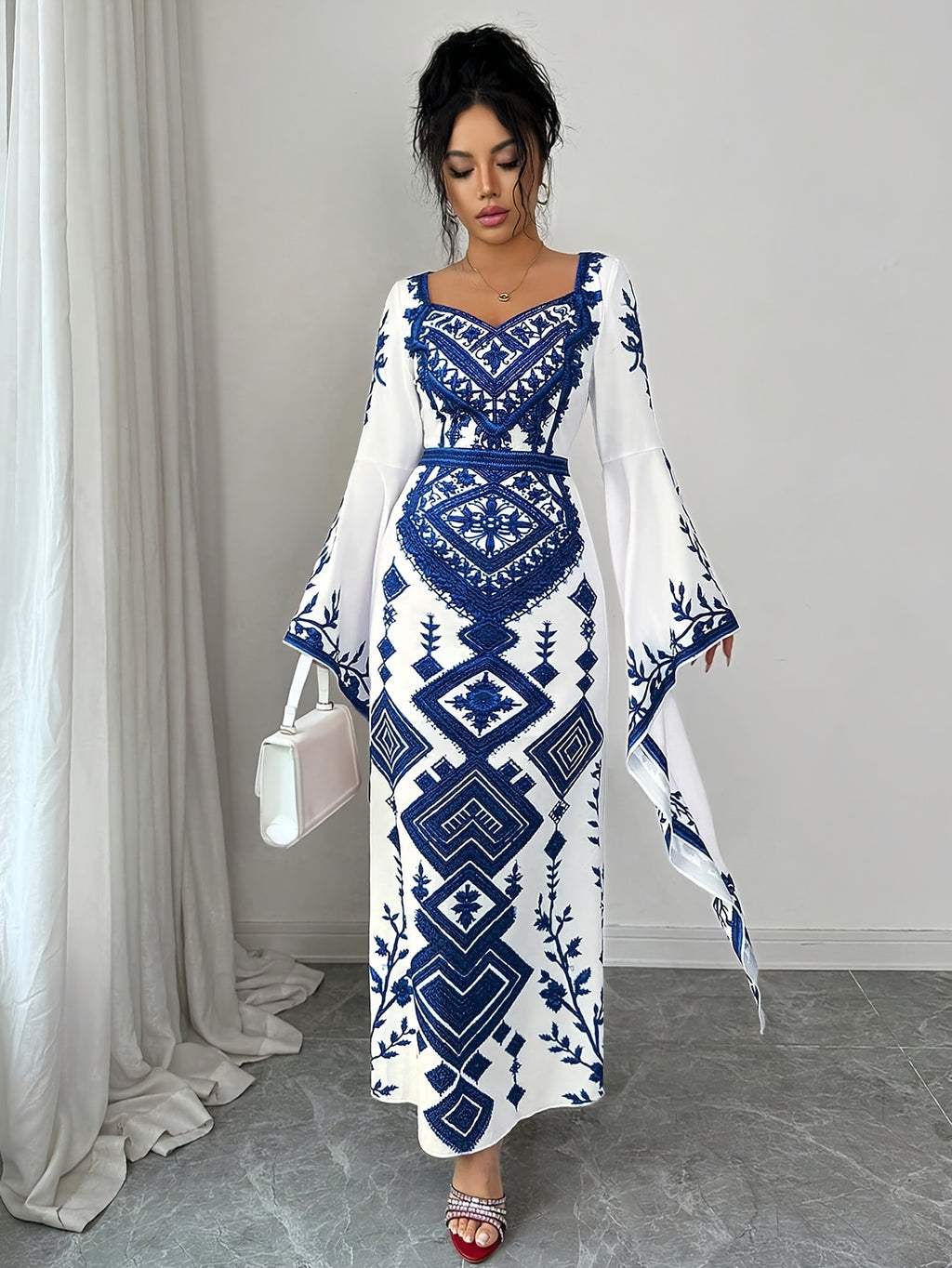 New Women's Fashion, Elegant Contrast Color Print Maxi Dress, Suitable for Dates and Vacations - Blue