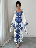 New Women's Fashion, Elegant Contrast Color Print Maxi Dress, Suitable for Dates and Vacations - Blue