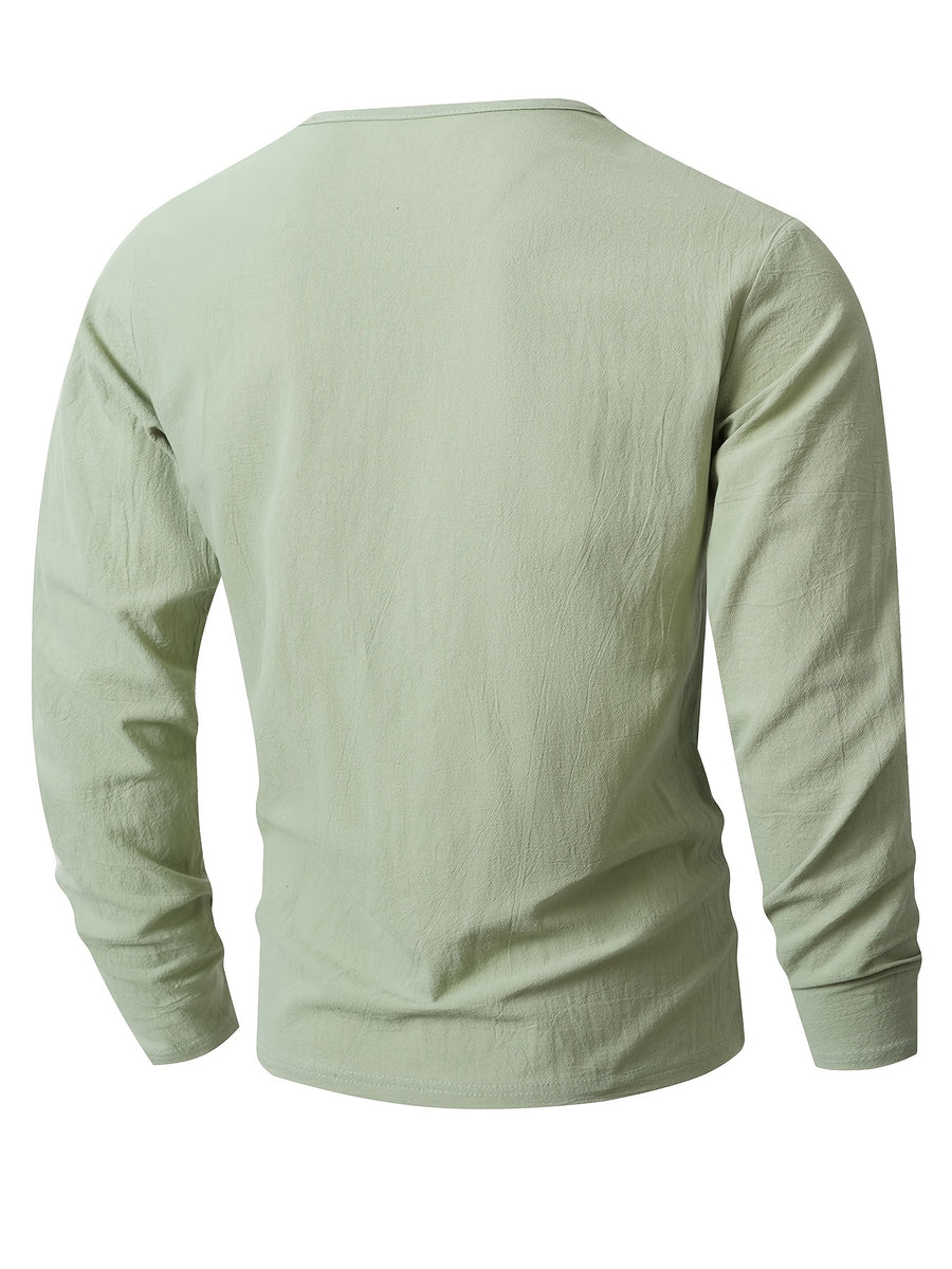 Men's 2pcs V-Neck Long Sleeve Linen T-Shirt, Breathable Loose Solid Color Top for Beach Outings and Daily Casual Wear - Light Blue + Light Green