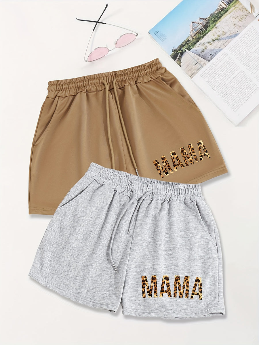 2pcs,Letter Print Drawstring Shorts, Casual Shorts, Women's Clothing - Grey+Brown Color