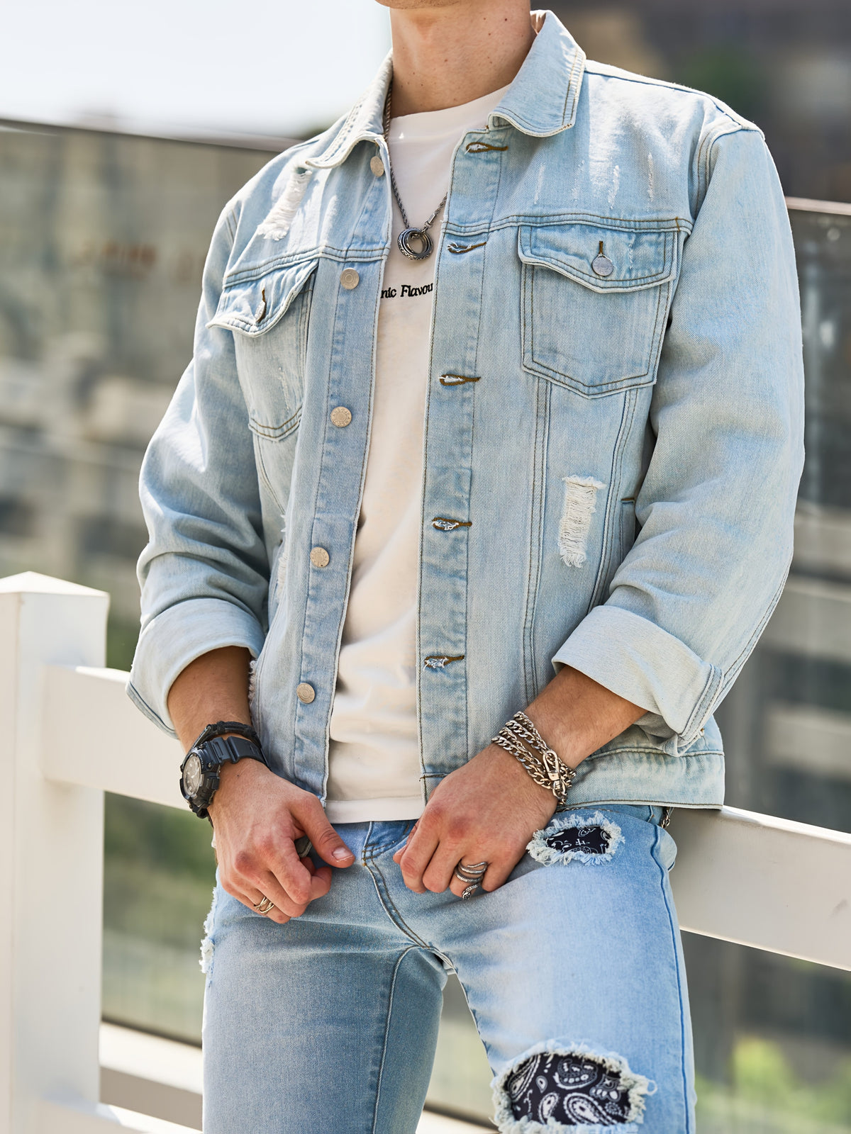 Men'S Denim Jacket Light-Colored Western Fashion Versatile Top Coat - Light Blue