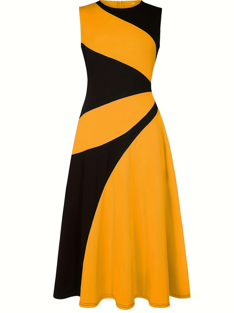 Women's Sleeveless A-Line Maxi Dress - Black & Yellow Contrast Round Neck -Length Dress, Loose Fit Suitable for Home, Office, Wedding Guest Dresses, Machine Washable Elegant Summer Dress - orange yellow