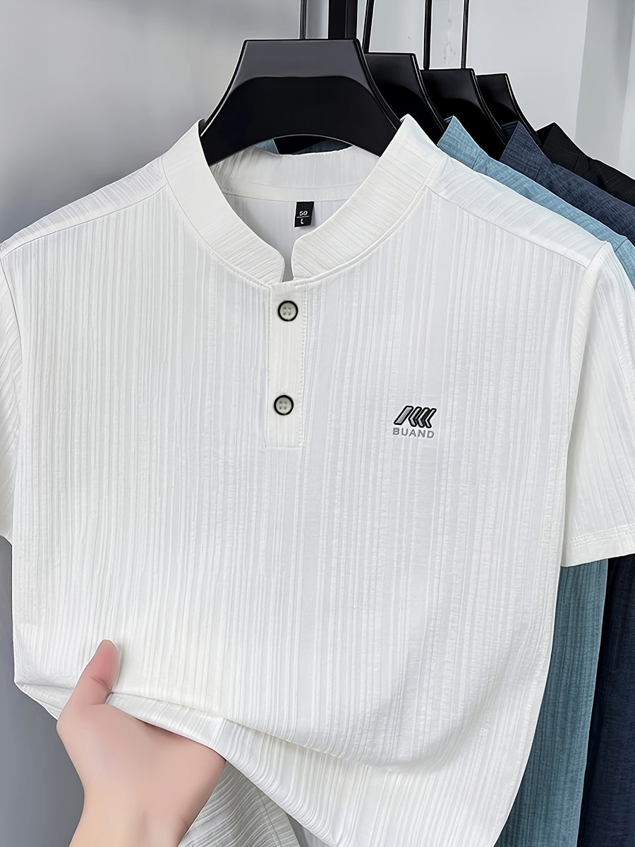 Men's Summer Short-Sleeve Henley Neck T-Shirt - Breathable Base Layer Shirt with Asymmetric Collar, Stand Collar Suitable for Business Casual Wear, Machine Washable Solid Color Top for Office, Outdoor & Daily Work Scenes - White