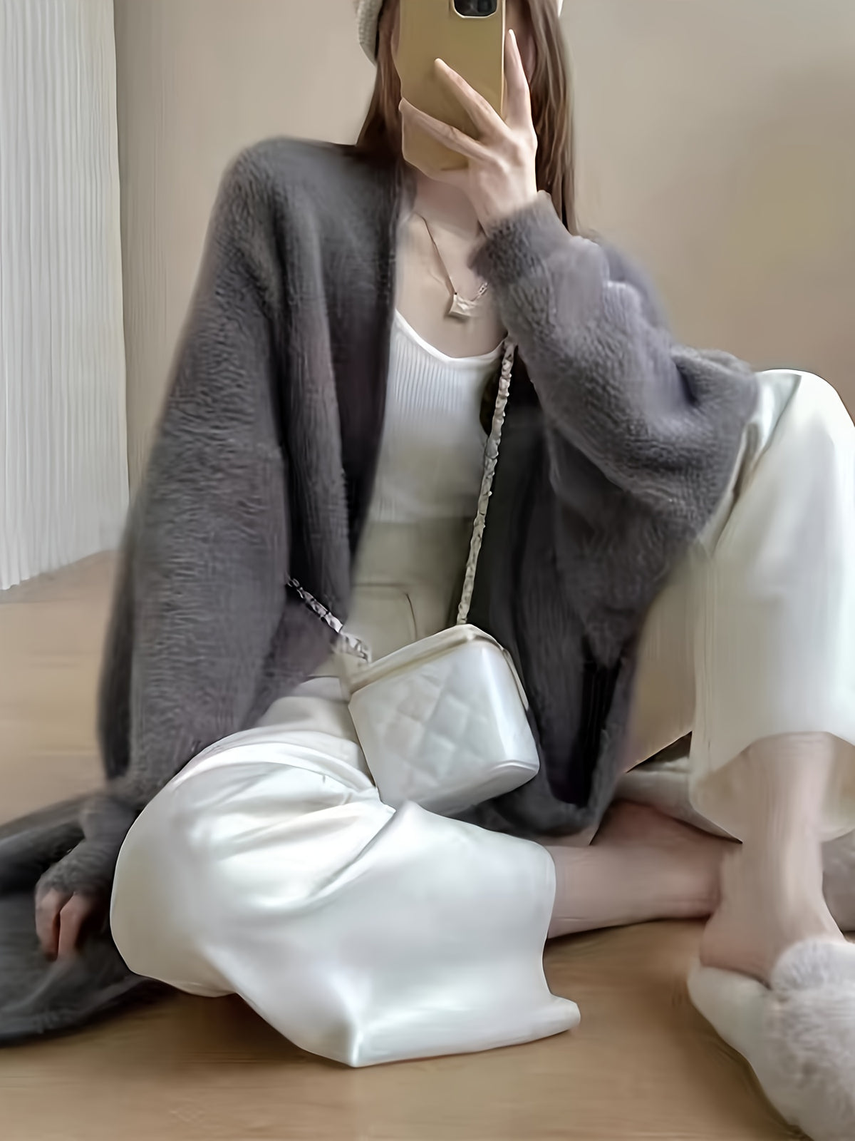 Spring 2025 Fashion Faux Mink Cardigan Sweater Coat, Mid-Length Loose Lazy Style Outerwear, Gentle And Elegant Long Over-The-Knee Cardigan Sweater - Grey