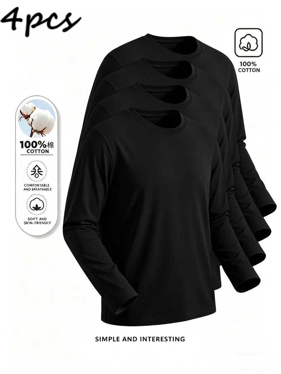 4pcs of Pure Cotton Breathable Round-neck Long-sleeve T-shirts, Soft and Well-fitting, Classic Style Suitable for Business Casual and Casual Attire, Versatile for All Seasons and Can Be Worn as an Outer Layer or as an Inner Layer - Black