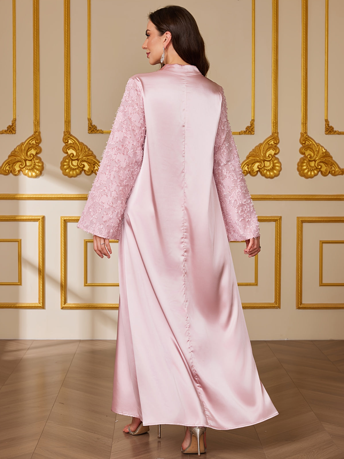 V-Neck Flared Sleeve Faux Pearl Embellished Elegant Arabic Dress - Pink Color
