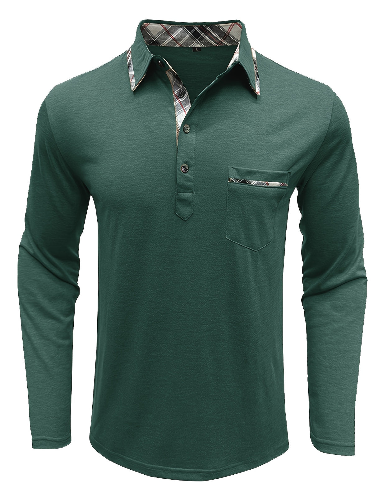 Spring and Autumn Fashion Men's Lapel Pocket Polo Shirt, Solid Color Casual Commuter Pocket Top - Olive Green