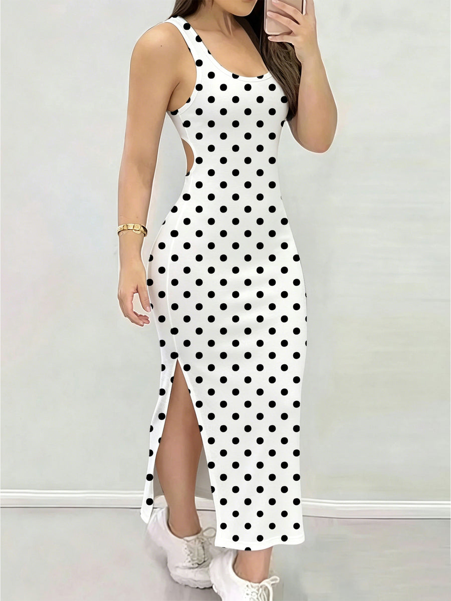 Women's Summer Solid Color Backless Cross-Strap Black and White Polka Dot Sexy Dress - Black And White Color