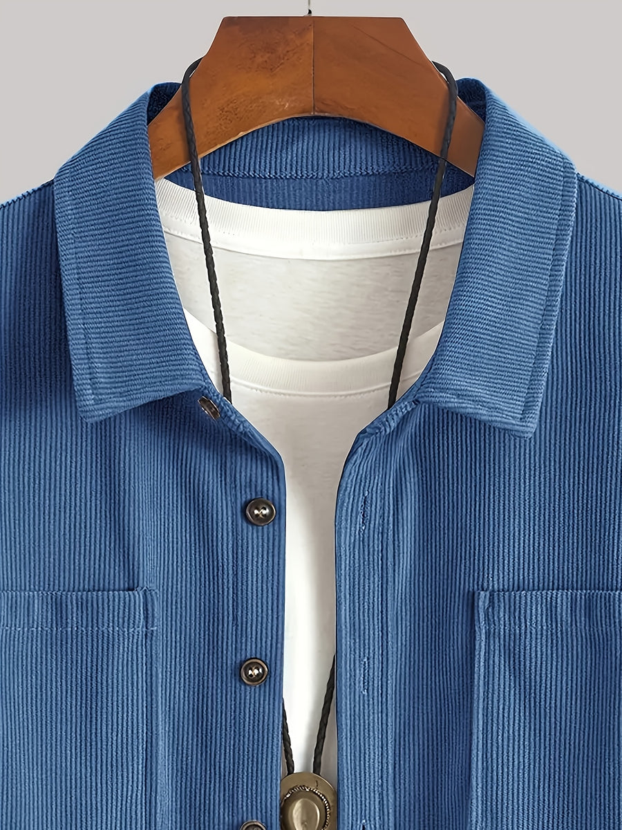 Men's Corduroy Shirt - American Retro Solid Color Long Sleeve Shirt for Men, Casual Wrinkle-Resistant Non-Iron Corduroy Shirt with Two Pockets, Trendy Versatile Corduroy Jacket for Sports, Outdoor, and Daily Wear. - Deep Sky Blue