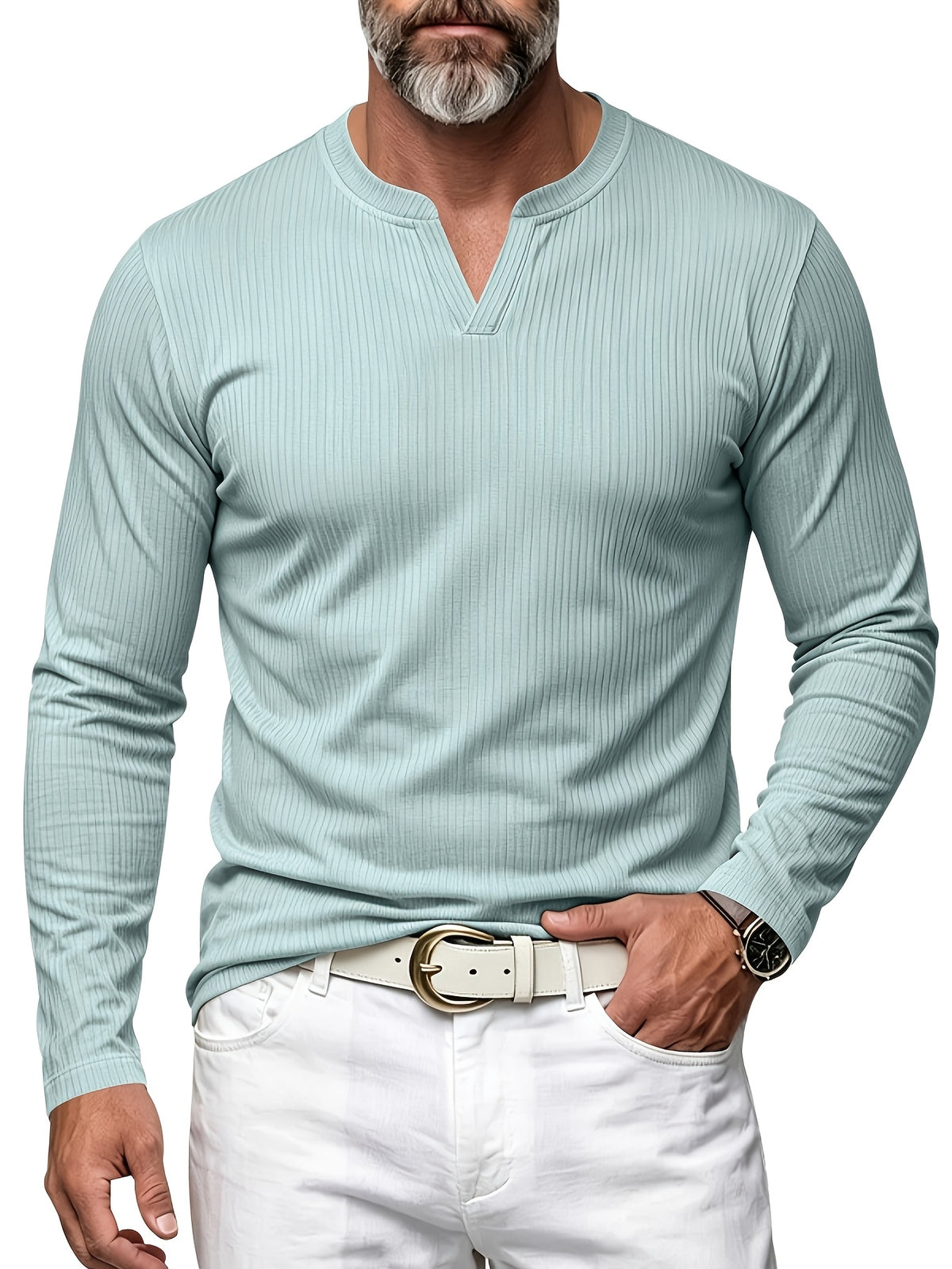 Men's Vertical Pin-Stripe V-Neck Henley Long-Sleeve T-Shirt, Slim Fit Stretch Textured Top, Spring/Autumn Casual Base Layer Men's Apparel - Light Green