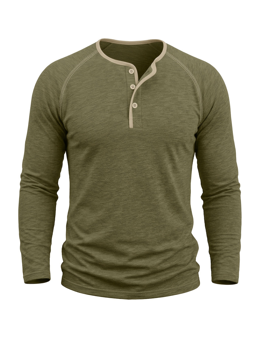 Autumn/Winter Cross-Border Men's Long Sleeve Crew Neck Henley Shirt, European and American Style Men's Pullover Base Layer T-Shirt - Olive Green