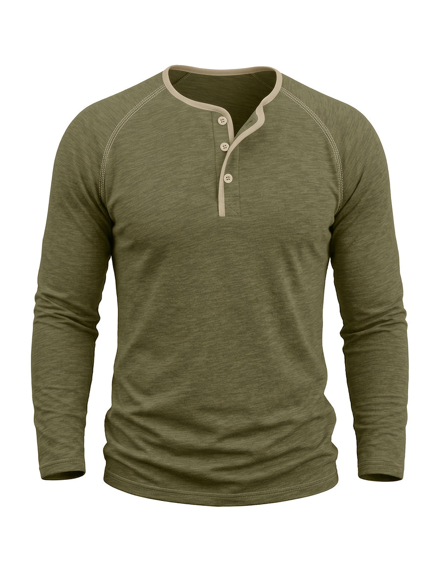 Autumn/Winter Cross-Border Men's Long Sleeve Crew Neck Henley Shirt, European and American Style Men's Pullover Base Layer T-Shirt - Olive Green