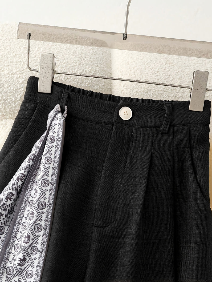 Women's Navy Blue Exquisite Pleated Wide-Leg Casual Pants with Pockets, Adorned with an Elegant Printed Trim Band, Suitable for Daily Leisure, Vacations, Formal Occasions, Birthday Gifts, Spring/Summer Wear ASD1 - Black