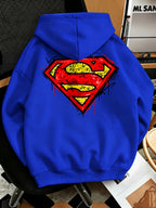 Men'S Fashion Sweatshirt, Retro Distressed Cracked Graffiti Superman Logo Print Design, Men'S Trendy Hoodie Loose Fit, Adjustable Drawstring, Fleece-Lined Sweatshirt Comfortable Fall Winter Wear, Outdoor Sports Casual Trendy Clothing - Blue