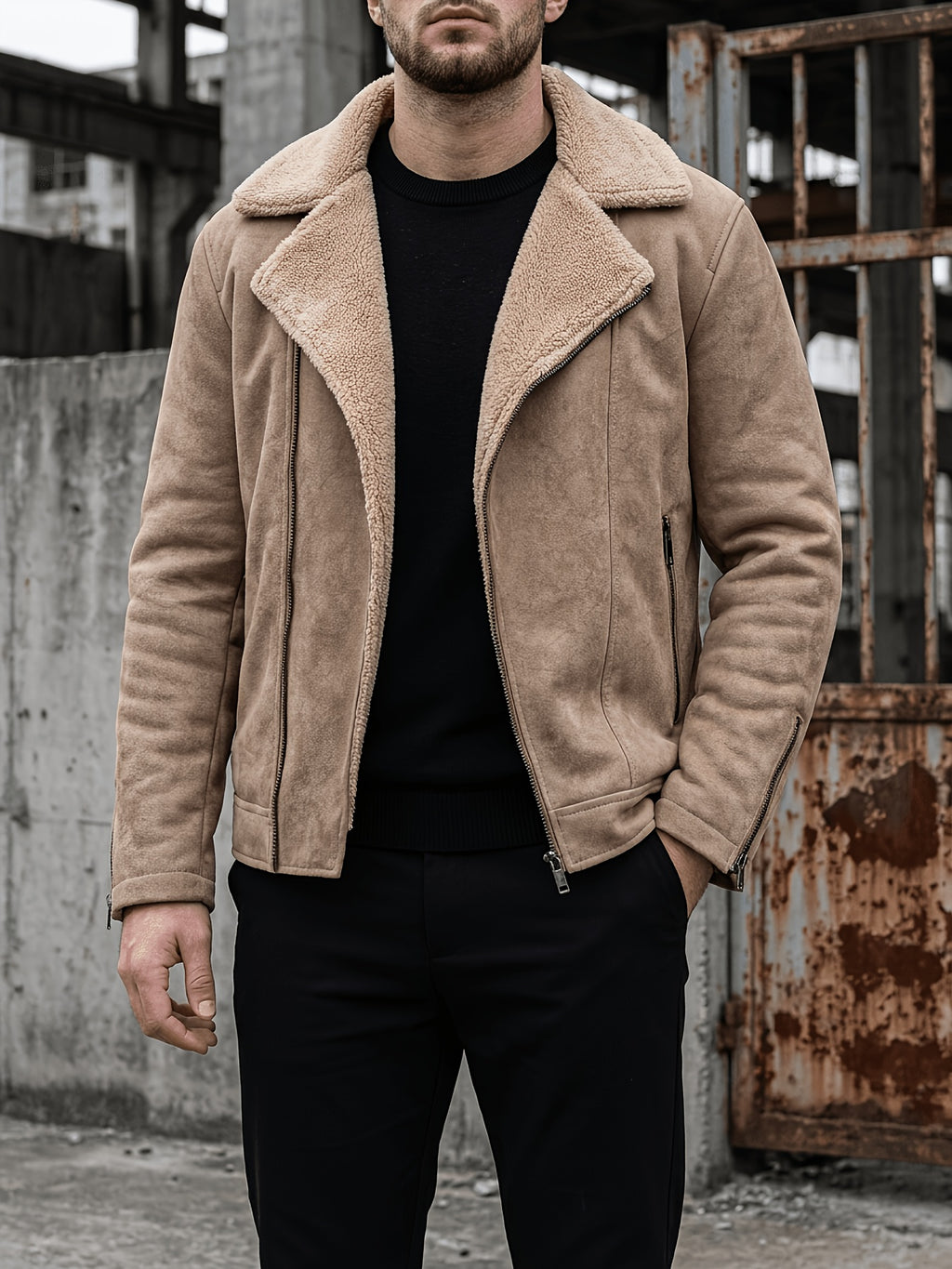 Men'S Slant Zipper Faux Suede Motorcycle Jacket, Lambskin Lining Large Lapel, Zip-Up Pockets Casual Riding Coat - Khaki