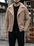 Men'S Slant Zipper Faux Suede Motorcycle Jacket, Lambskin Lining Large Lapel, Zip-Up Pockets Casual Riding Coat - Khaki